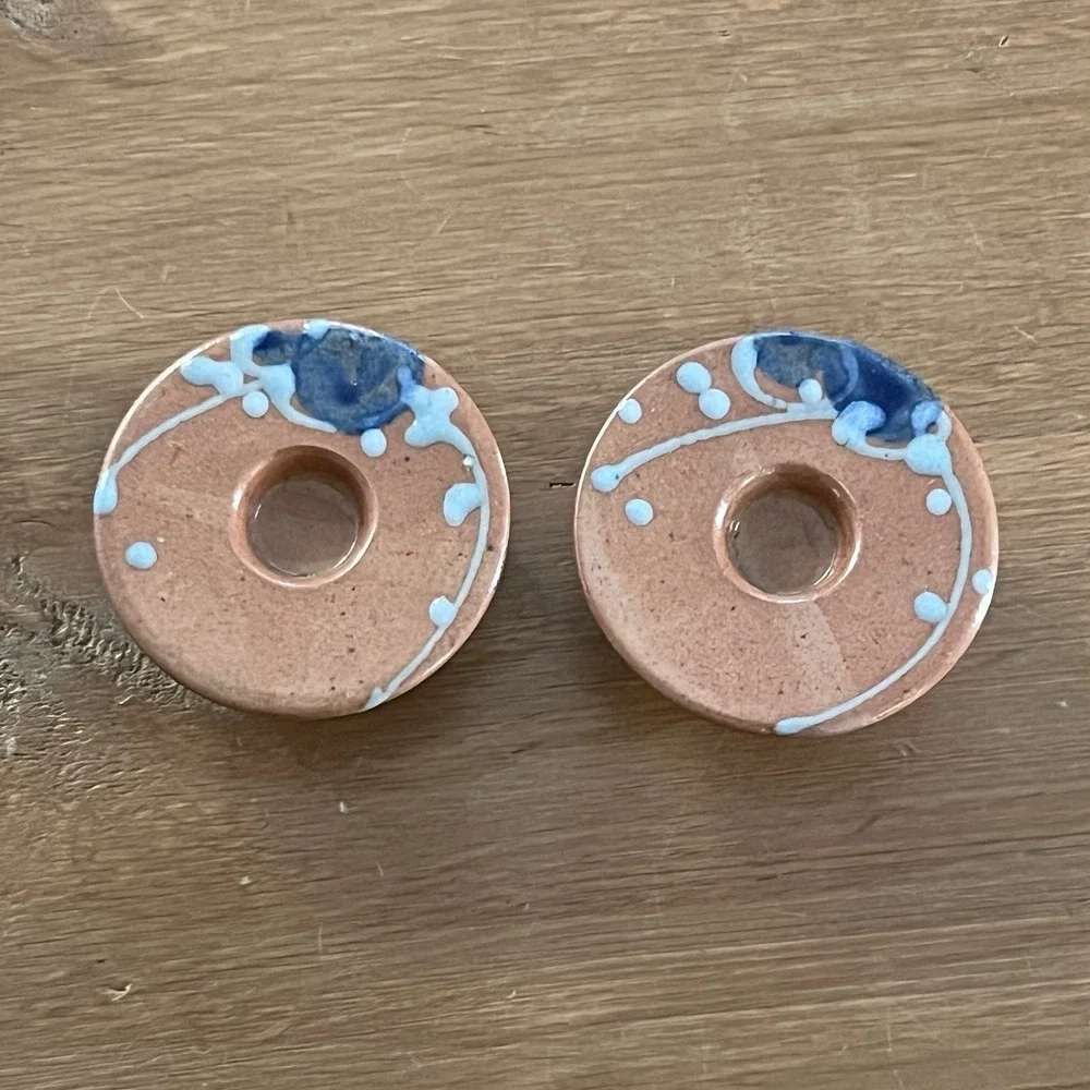 Vintage German Pottery Candle Holders Pair Orange Blue Floral Handmade Decor Set